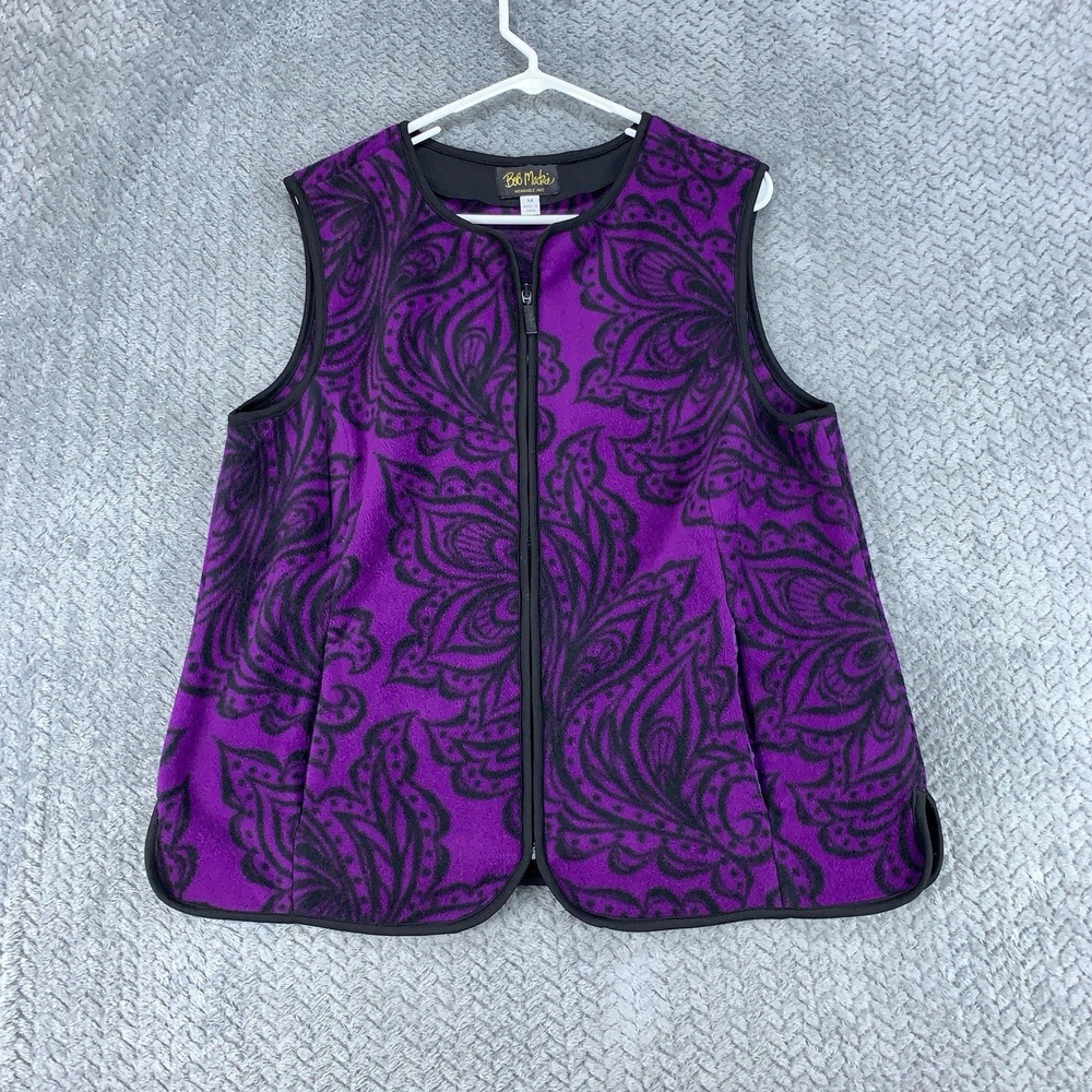 Bob Mackie Fleece Vest Wearable Art Size Medium Purple/ Black Zip Up Pockets Art